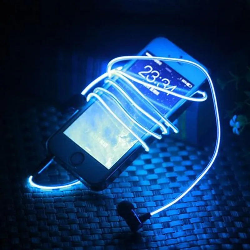 Blue LED light-up earphones with 3.5mm jack and in-line remote control on a white background.