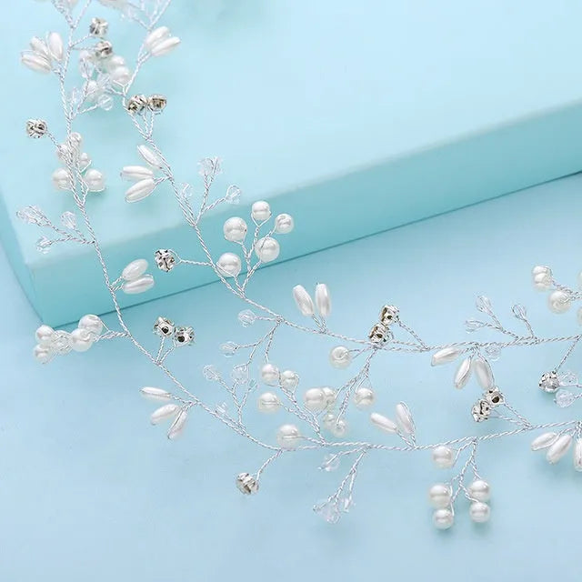 Bride's long hair band with pearls and crystals in silver, gold, and rose gold colour options.