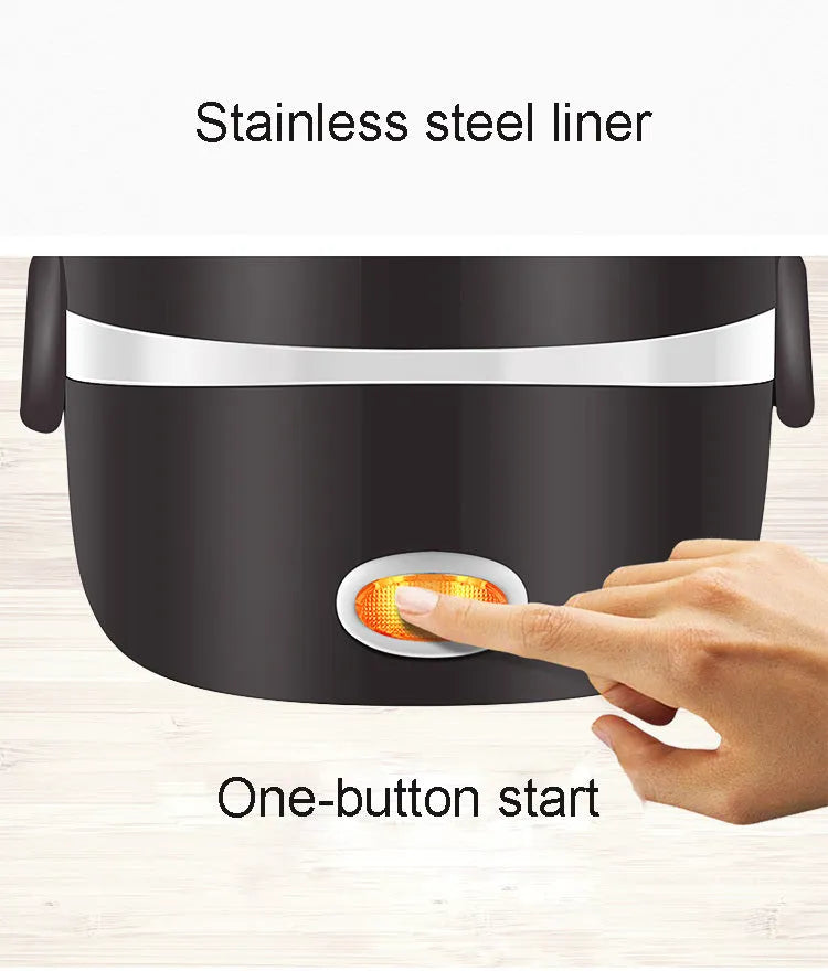 Multi-function USB-powered lunch box with heating element showing two-tier and three-tier capacity options