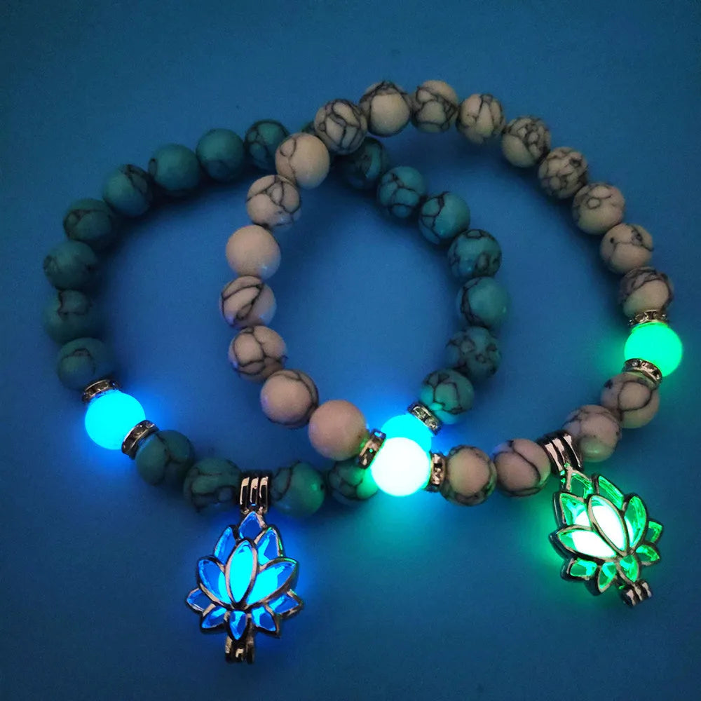Luminous lotus natural stone bracelet with turquoise glow beads on elastic rope