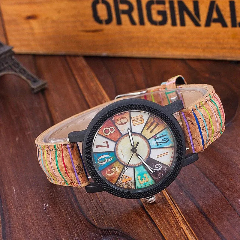 Vintage leather women's quartz watch with 37mm round dial and stainless steel buckle