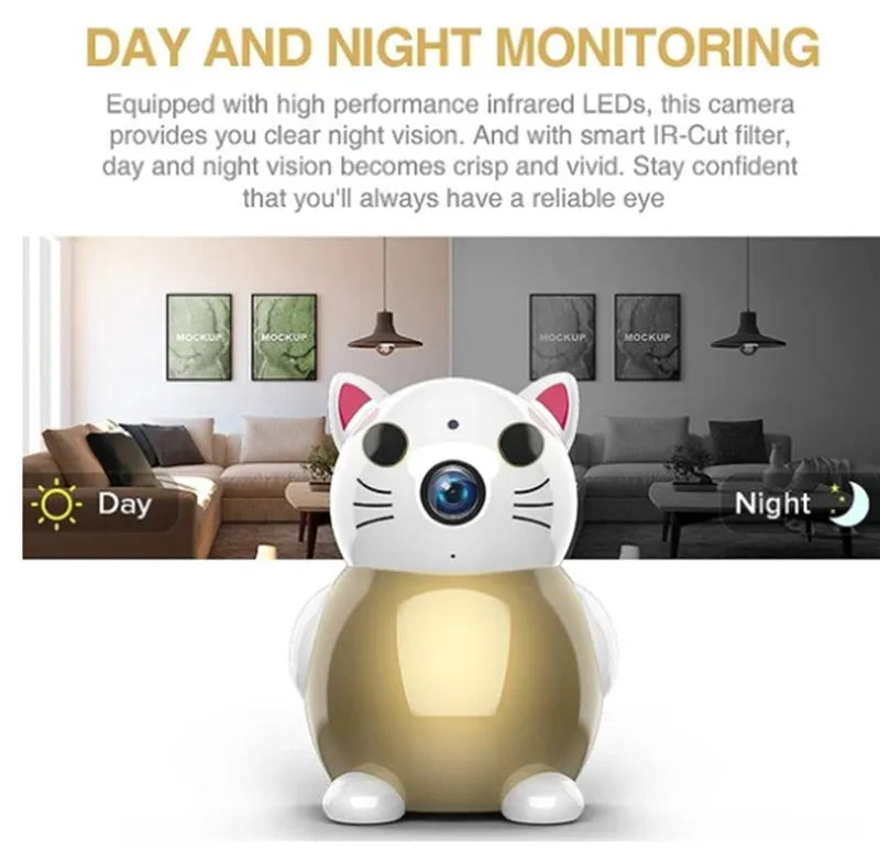 Gold Lucky Cat battery-powered wireless camera with 2MP HD sensor for indoor remote monitoring