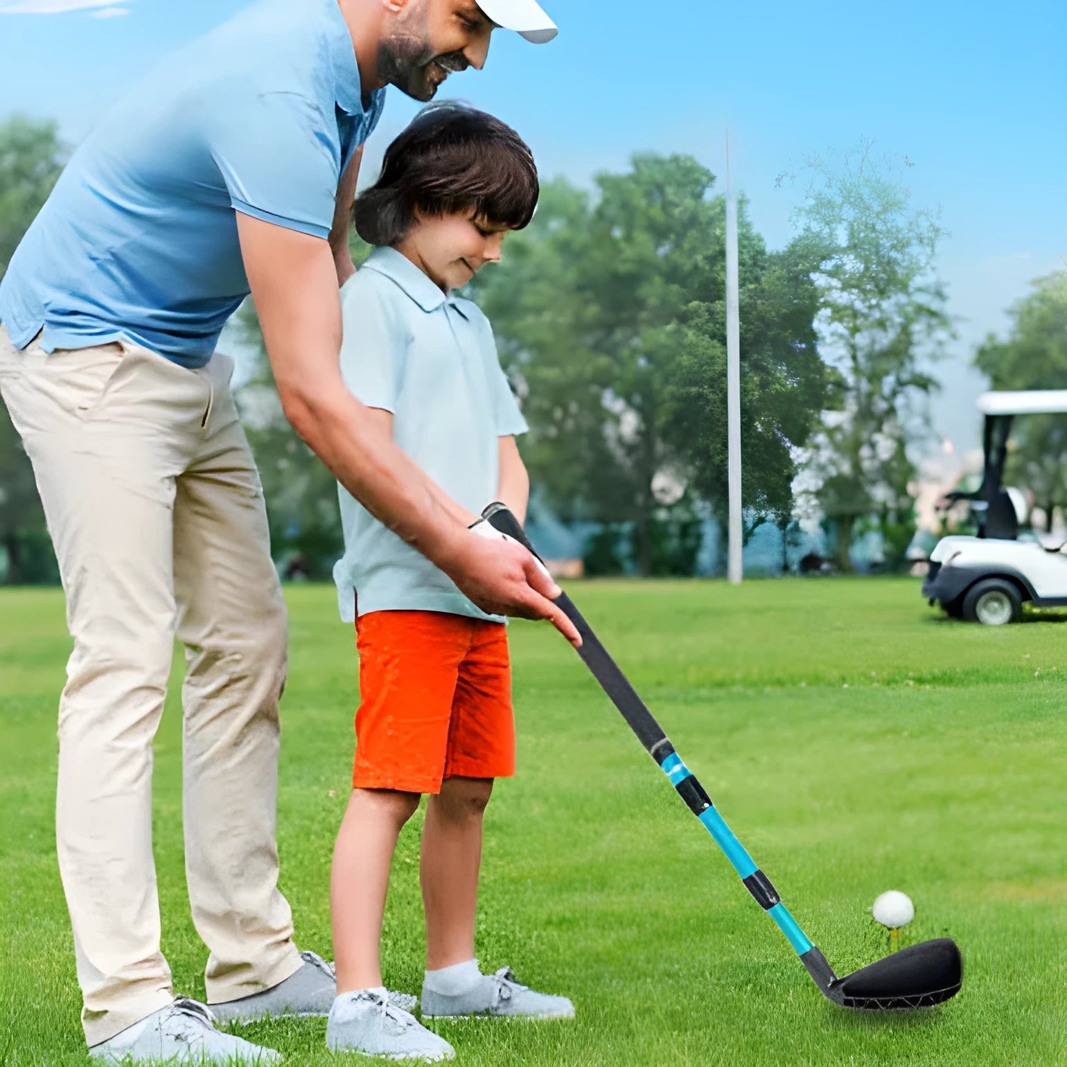 Golf three-section telescopic cutting rod with black rod body and black grip extending to 85 cm for indoor or outdoor practice