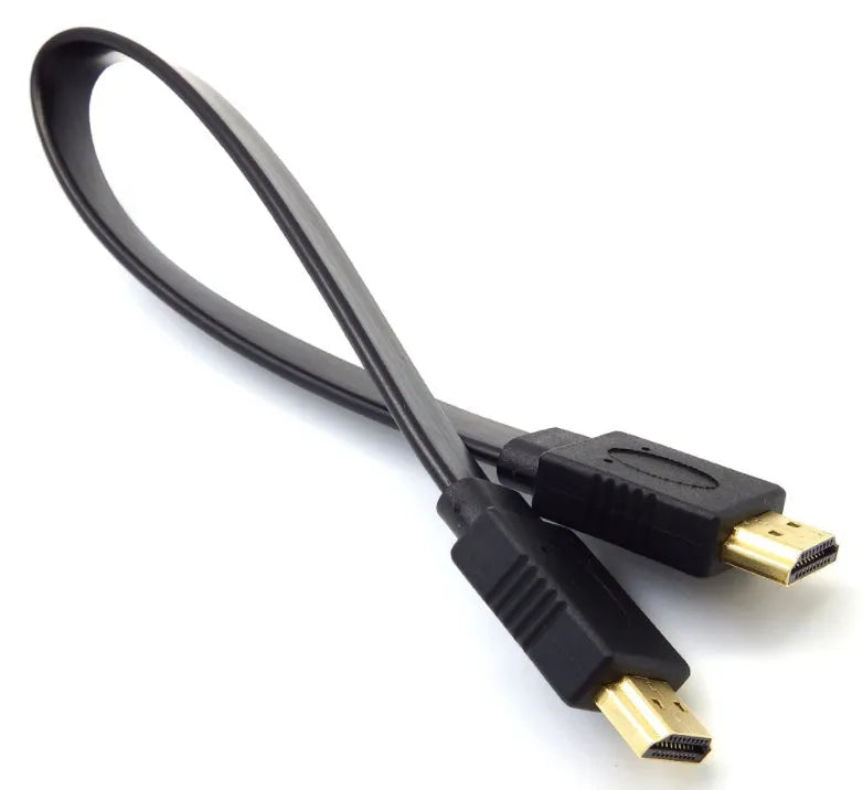 Flat plug HDMI cable shown at different lengths for TV and computer monitor connection.