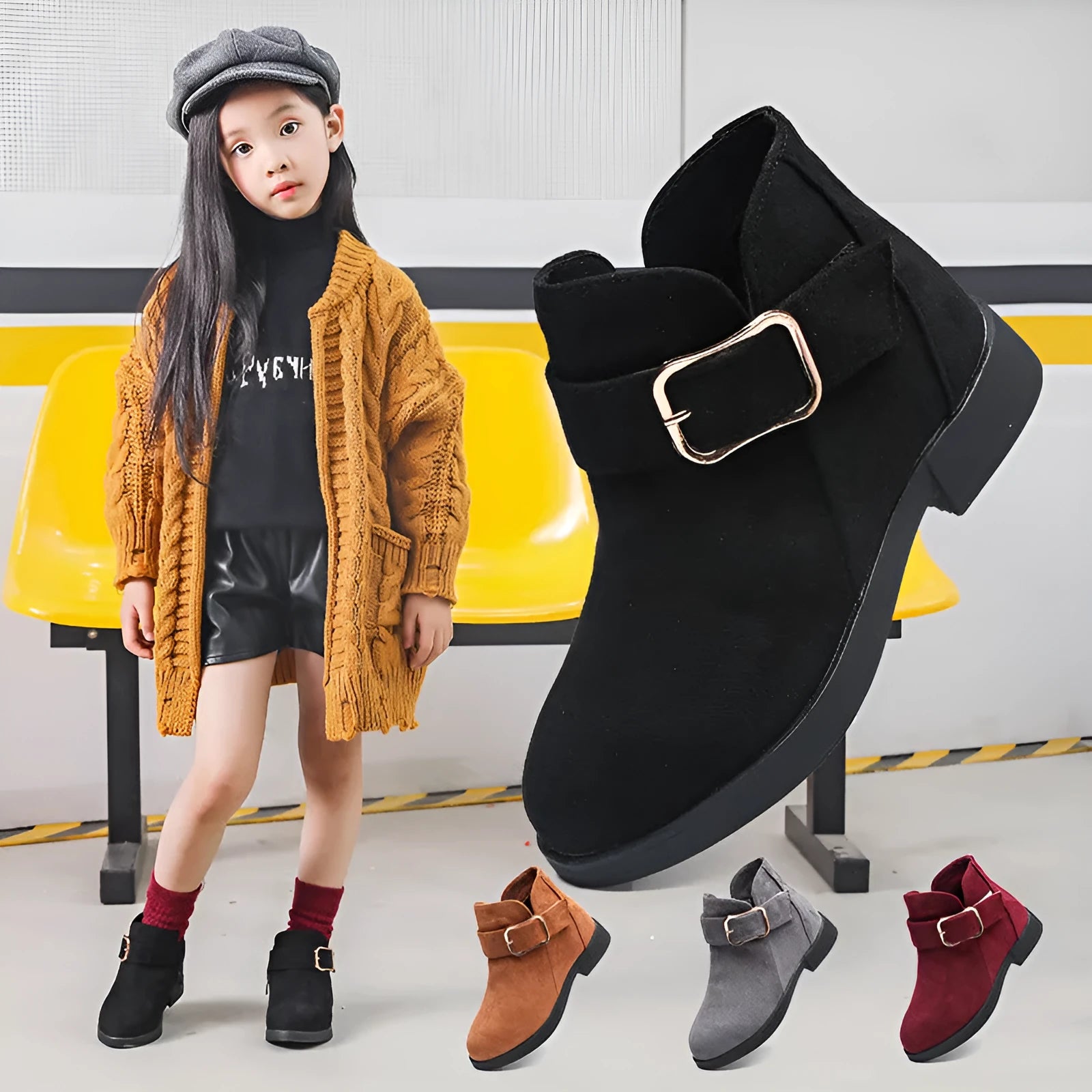 Big kids suede leather boots in black, side view, with rubber sole