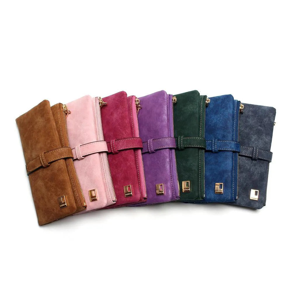Vertical long wallet with retro matte leather finish showing zip closure and internal card organisation