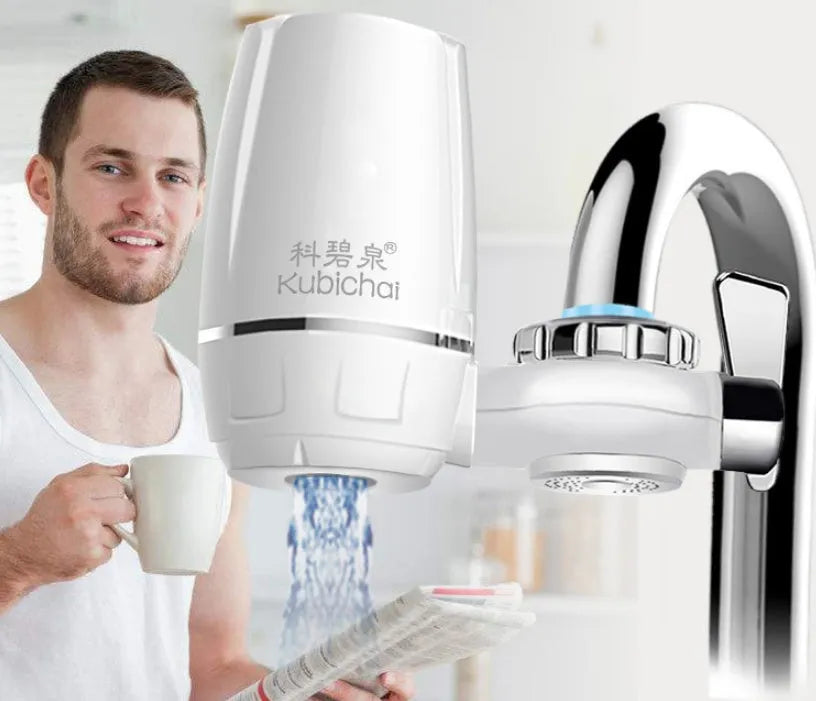 White plastic faucet-mounted water filter with switch control and ceramic cartridge