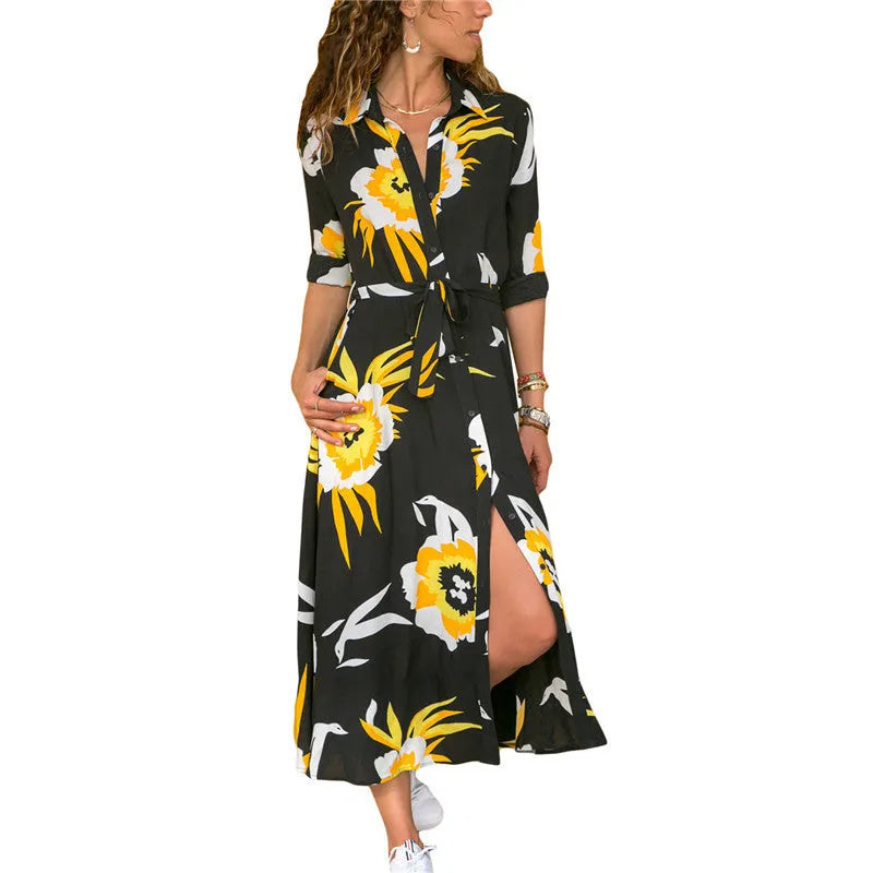 Women's chiffon V-neck dress with A-line skirt and printing pattern design in multiple colour options