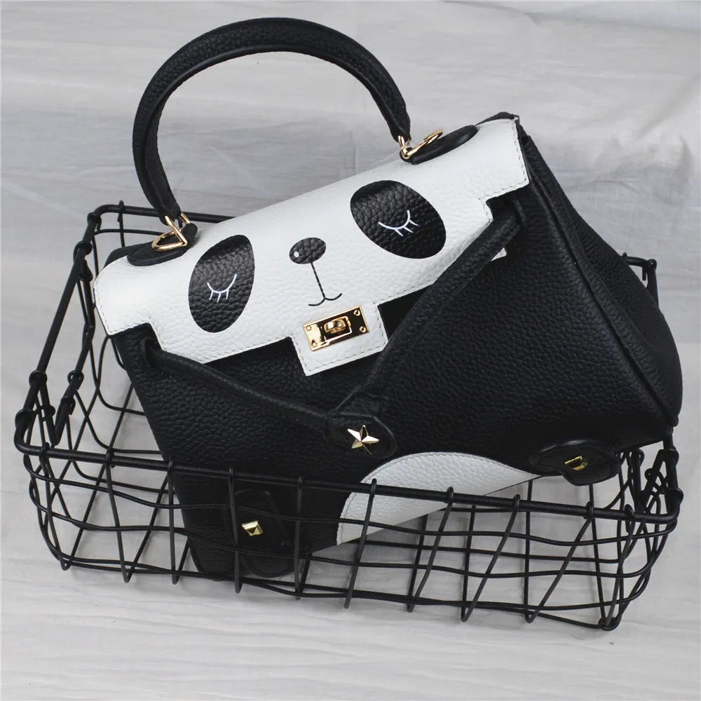 Panda animal print cow leather handbag in horizontal square shape showing sweet lady pattern style