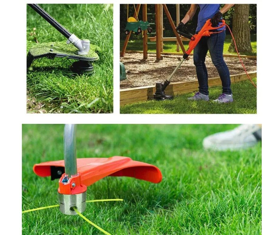 Silver aluminium lawn mower grass trimmer head with four light yellow nylon cutting lines and wrench