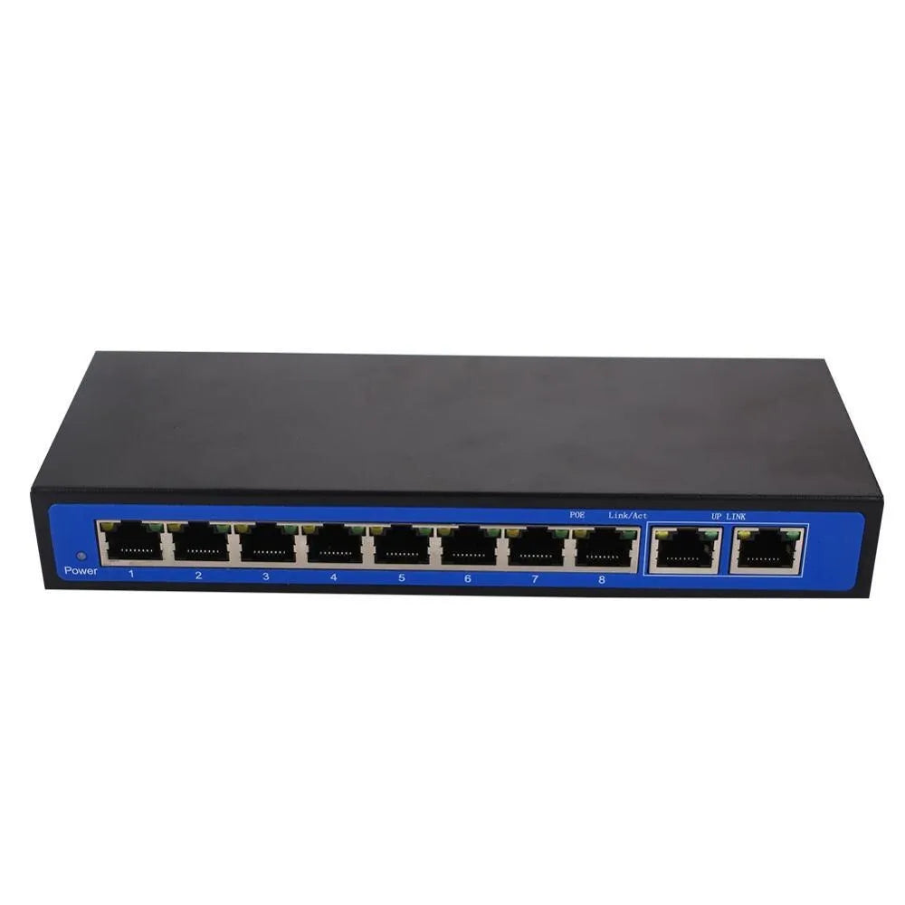 8+2 port 100M POE switch with 48V external power adapter, RJ45 ports, and LED indicators on a dark chassis