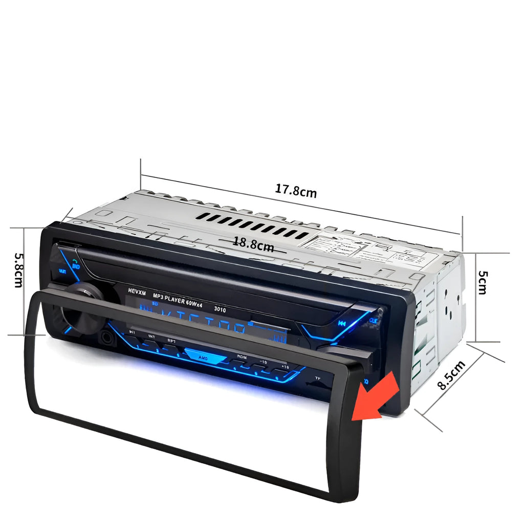 Front view of a car stereo with LCD display, control knobs, USB port, and card slot.