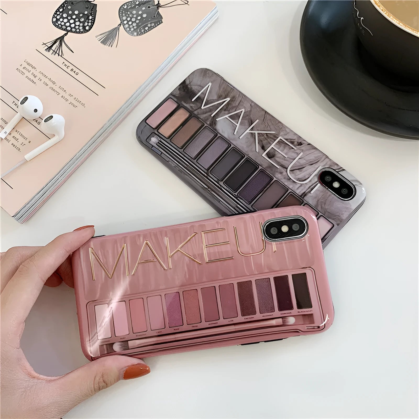 Silicone iPhone case with eye shadow print design in flesh colour or grey options