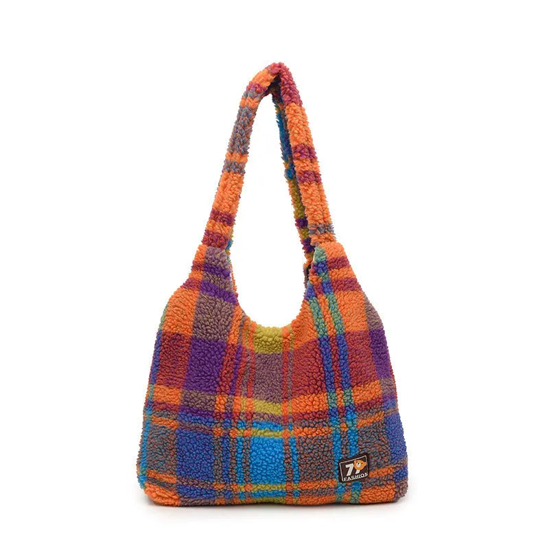 Women's plaid plush shoulder tote bag in horizontal square shape with crossbody strap