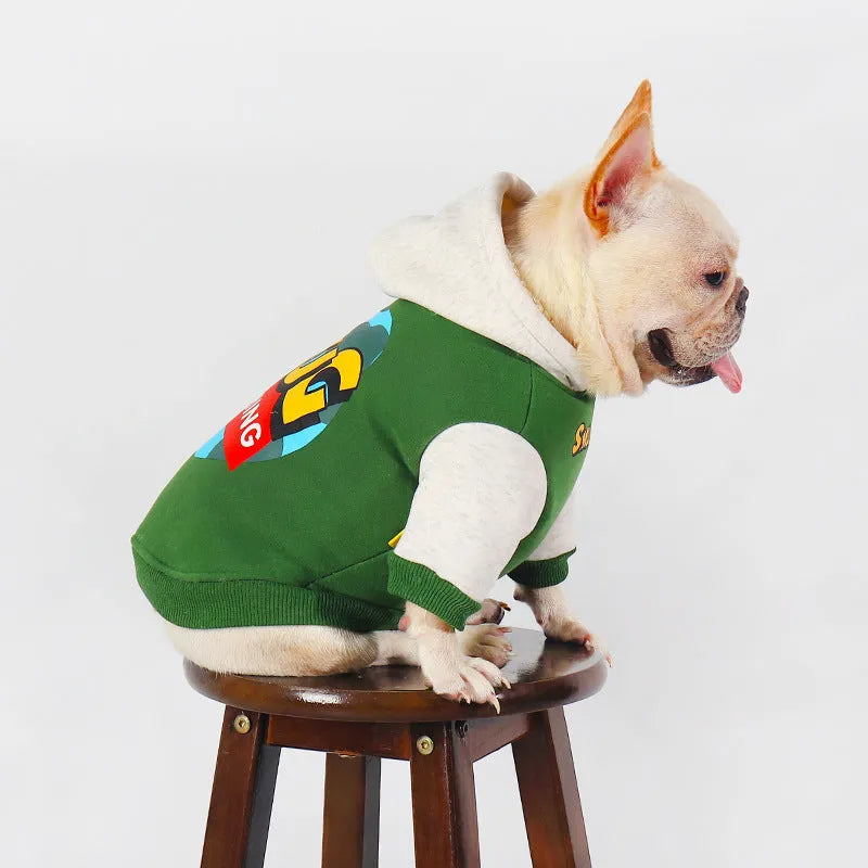 A green cotton dog jumper for autumn and winter wear, shown in size L to 4XL.