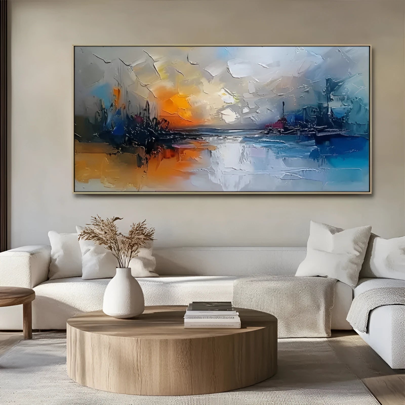 Handmade modern abstract landscape oil painting on canvas, large horizontal size