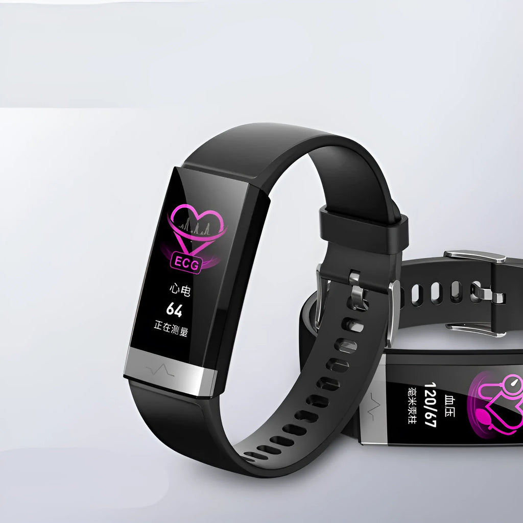 V19 smart fitness bracelet in black showing ECG, PPG and SpO2 monitoring on its 135x240 resolution screen