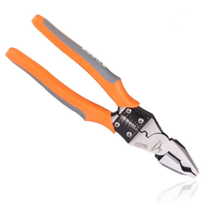 Orange-handled multi-function wire cutter pliers with chrome steel clamp head for stripping and cutting