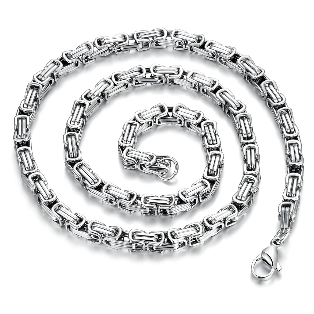 Stainless steel punk necklace with 5mm chain in steel finish on black background