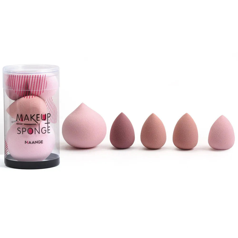 Five mini beauty eggs cosmetic sponges in blue pink and purple with flocking velour surface