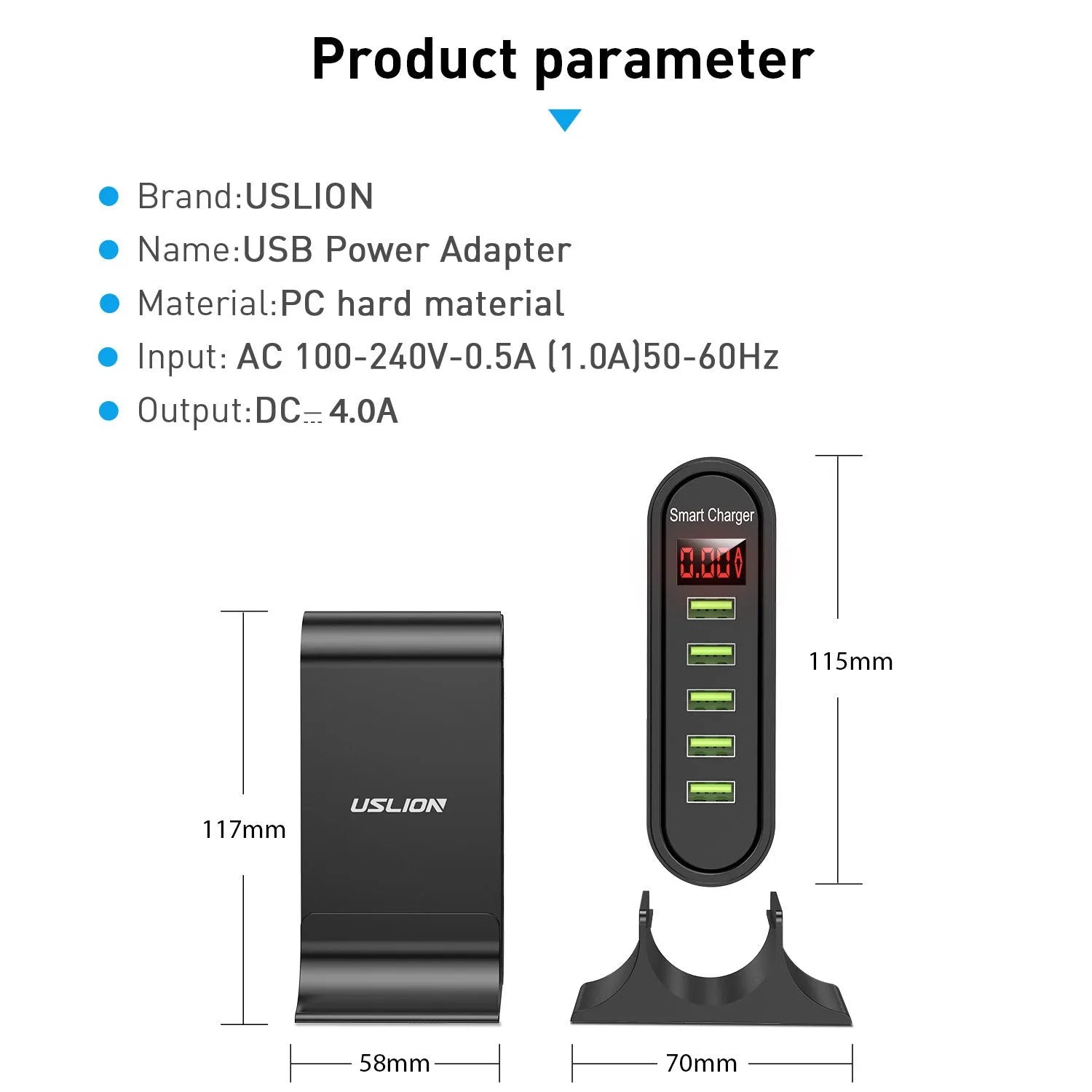 Black and white Smart LED Digital Display USB wall charger showing UK, US, and EU plug options.