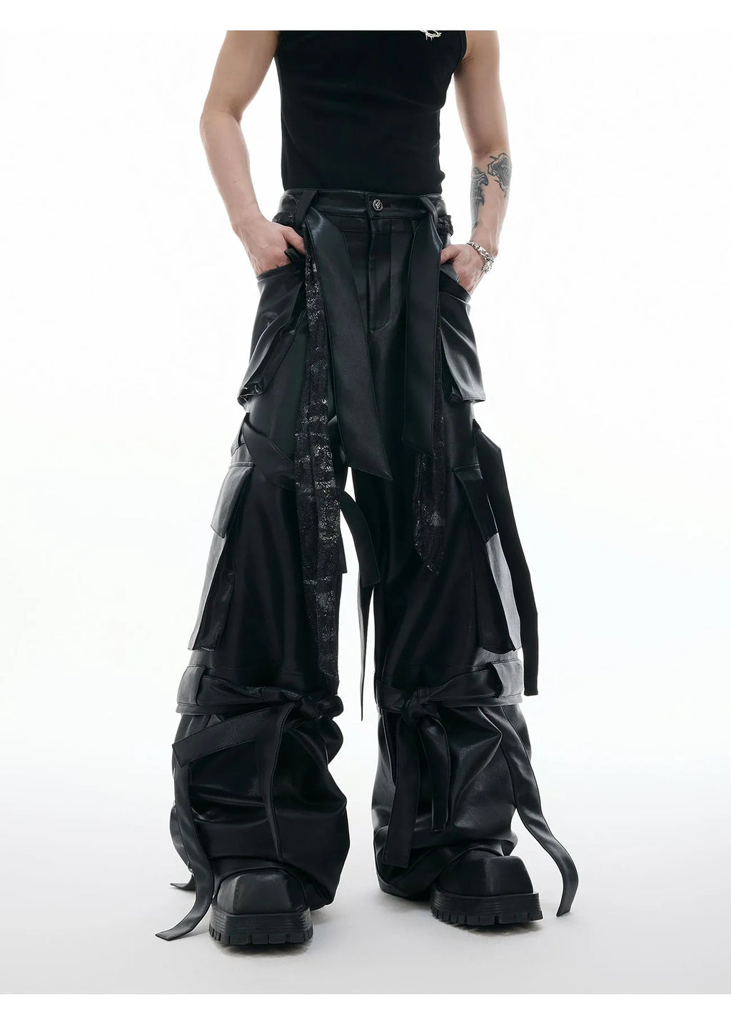 Black loose fit retro trousers with quilted stitching detail and multiple pockets