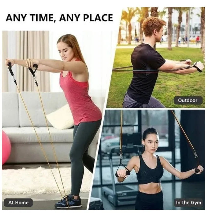 16-piece latex resistance band set with purple, green, and black traction ropes, handles, foot rings, door buckle, and storage bag