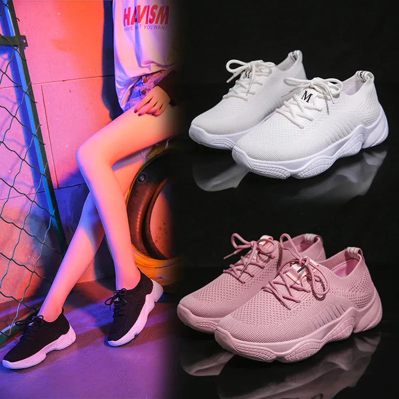 Women's white flying woven sports shoes with thick rubber sole and front strap