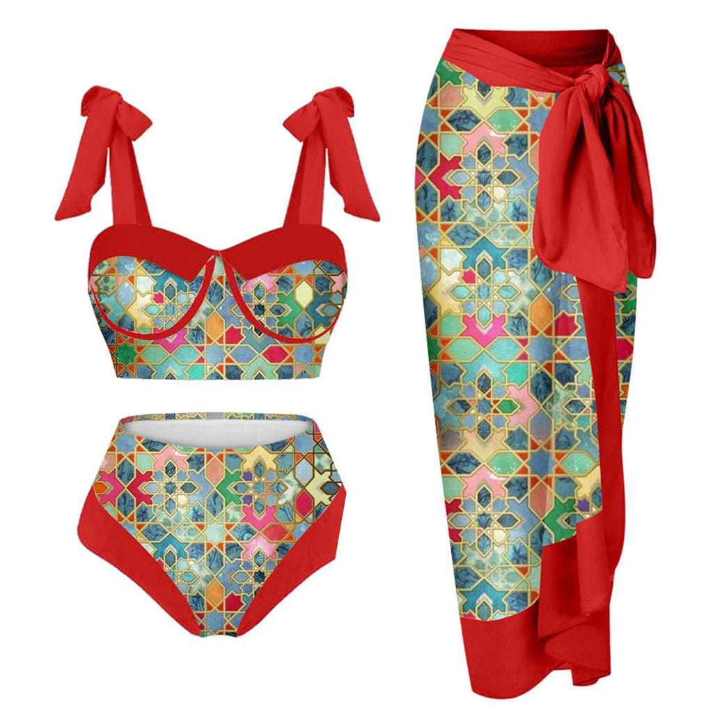 Women's three-piece swimsuit set with printing pattern showing skirt, bra and panties components