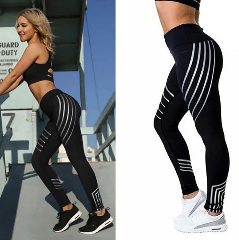 Women's night glowing workout leggings with autumn winter print patterns in black and white options