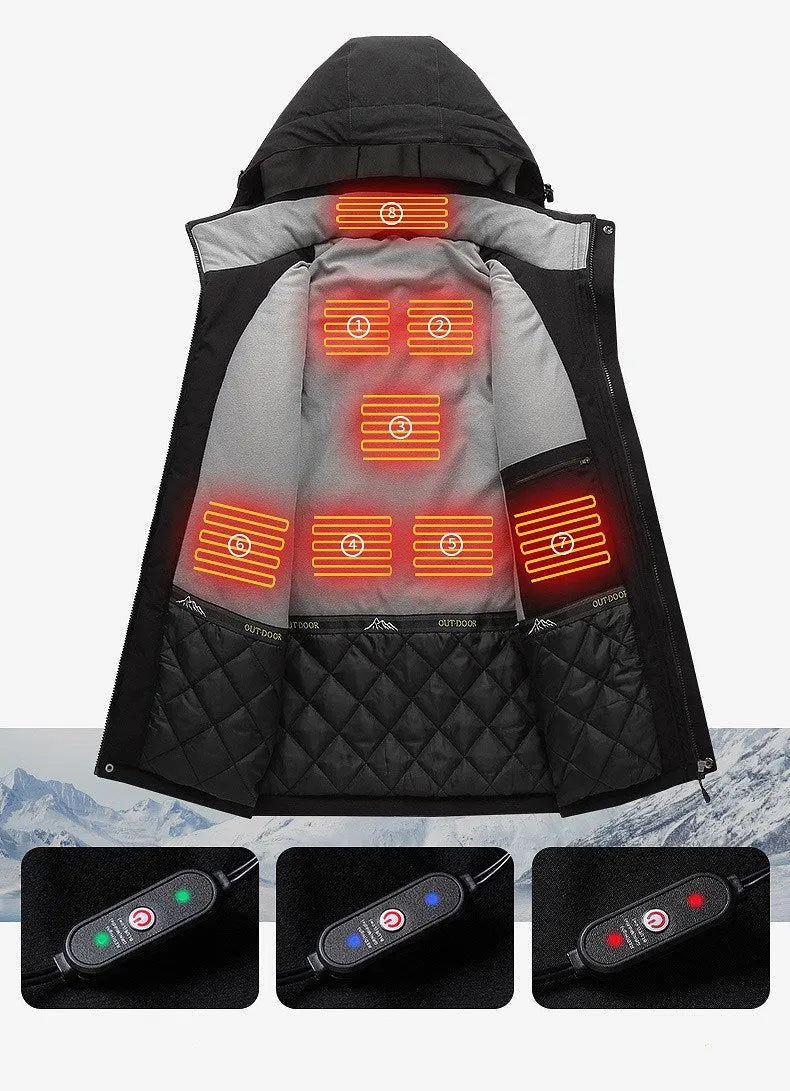 Smart thermostat heated jacket in Army Green with 90% nylon 10% spandex shell and polyester lining
