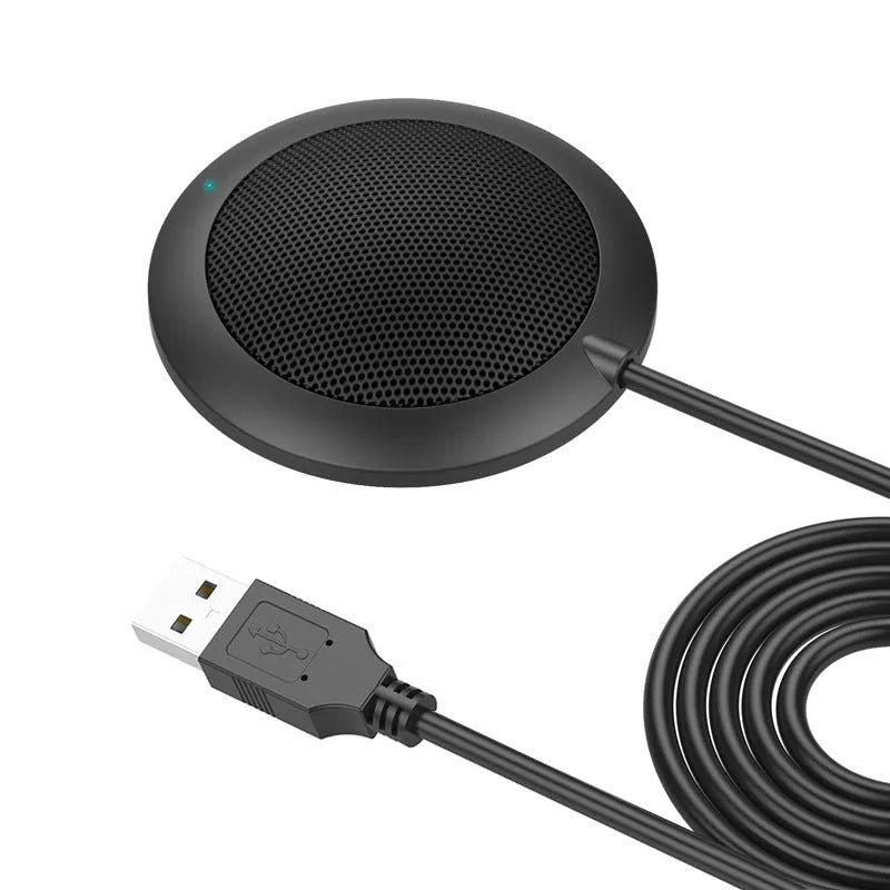 Black USB conference microphone with zinc alloy shell and metal mesh cover for 360-degree omnidirectional pickup