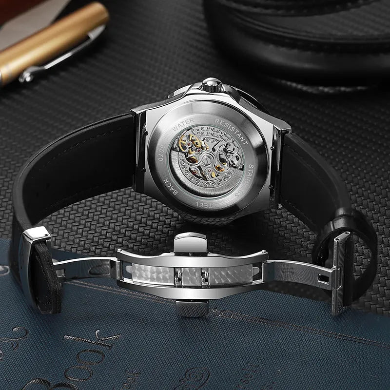 Automatic mechanical men's watch with hollow movement design and diamond studding on white shell