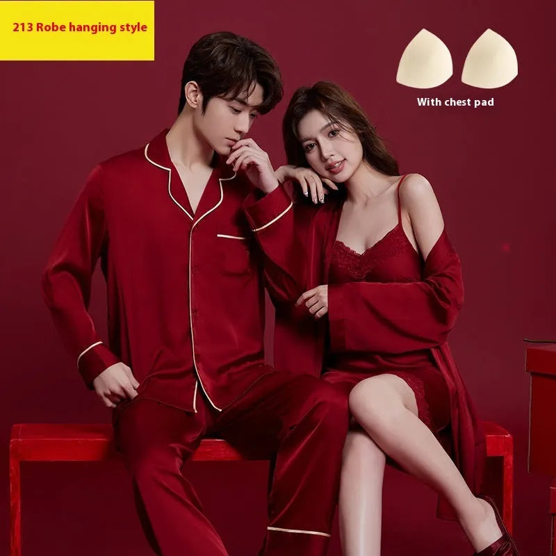 Red ice silk sleepwear set for men and women with long sleeves and trousers