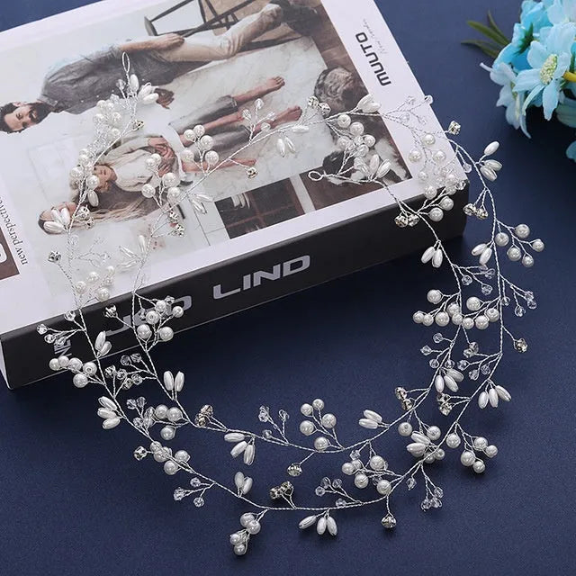 Bride's long hair band with pearls and crystals in silver, gold, and rose gold colour options.