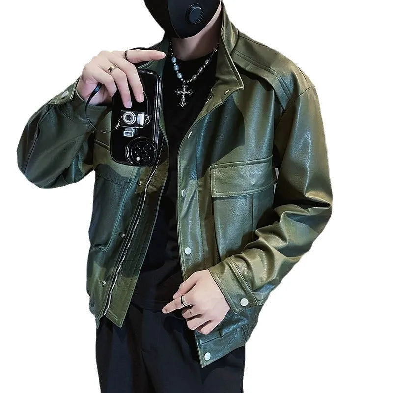 Men's black PU leather pilot jacket with side pockets and straight hem.
