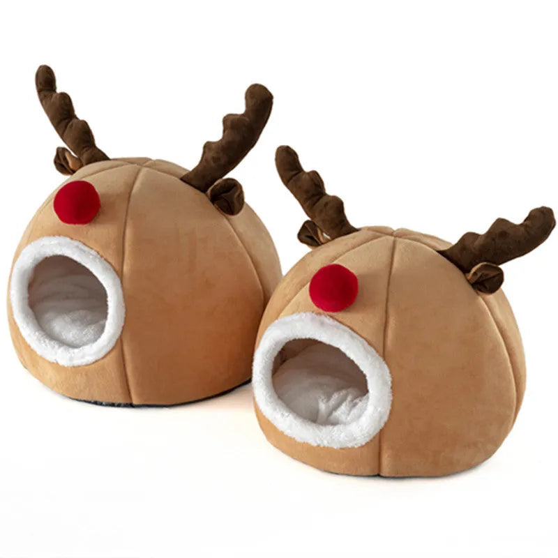 Christmas reindeer pet tent in camel colour, small size, with soft plush exterior and fleece lining