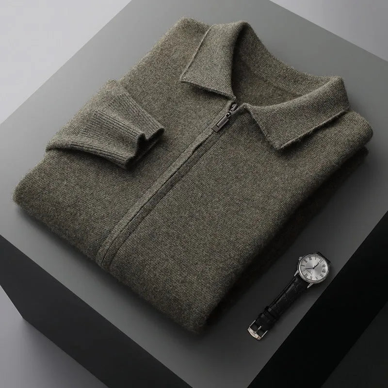 Pure wool men's cardigan in camel with turn-down collar and long sleeves