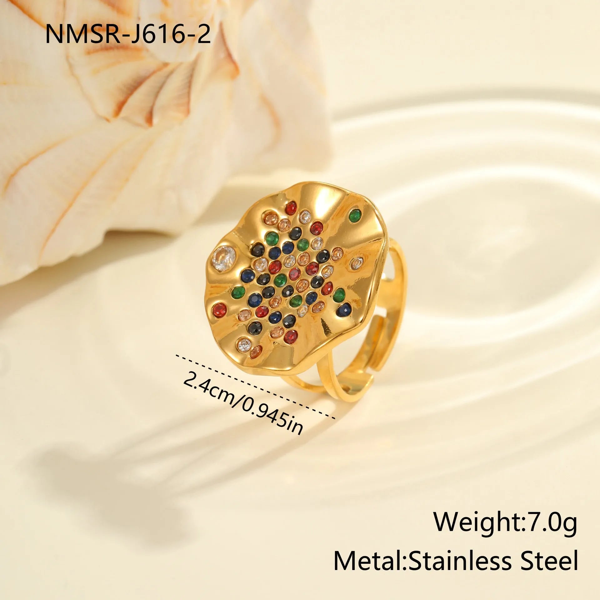 Geometric open mouth ring with pleated detailing and colourful crystal inlay on stainless steel