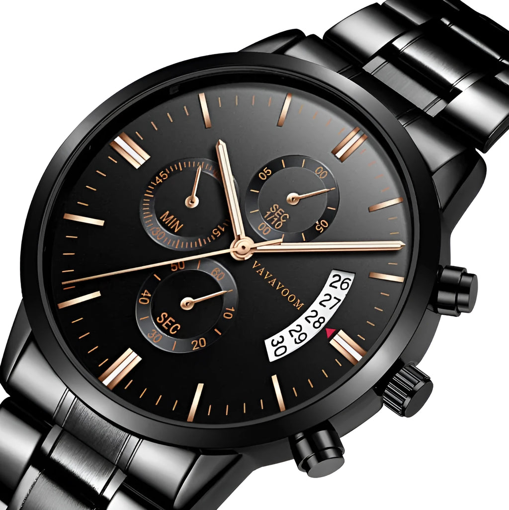 VA VA VOOM men's stainless steel quartz watch with black dial and calendar display