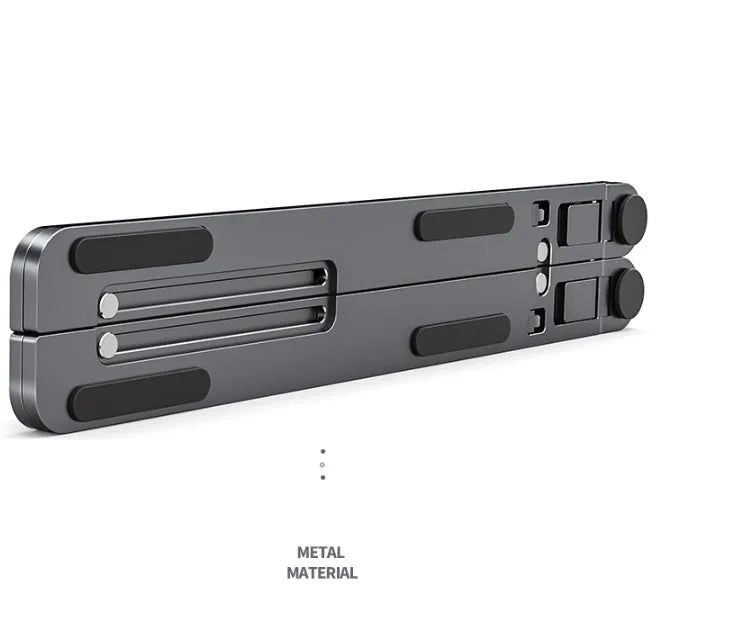 Foldable aluminium laptop stand in silver colour, shown in open and closed positions next to a laptop.