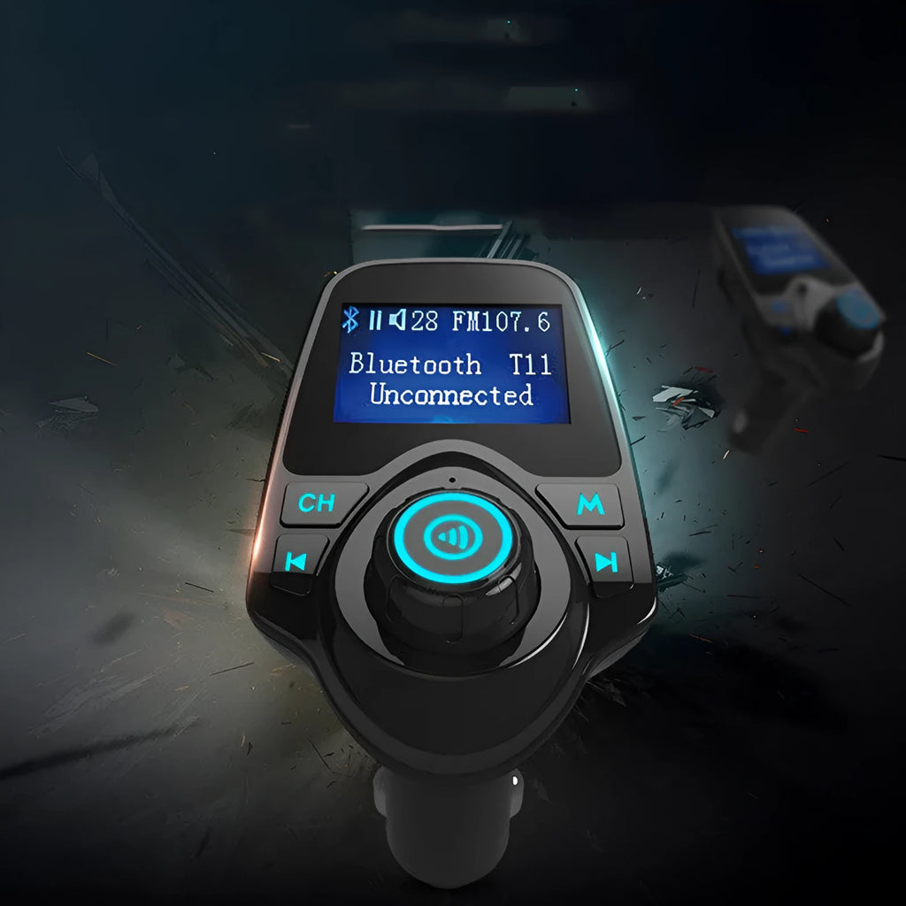 Black car Bluetooth hands-free FM transmitter with USB port and TF card slot for music playback