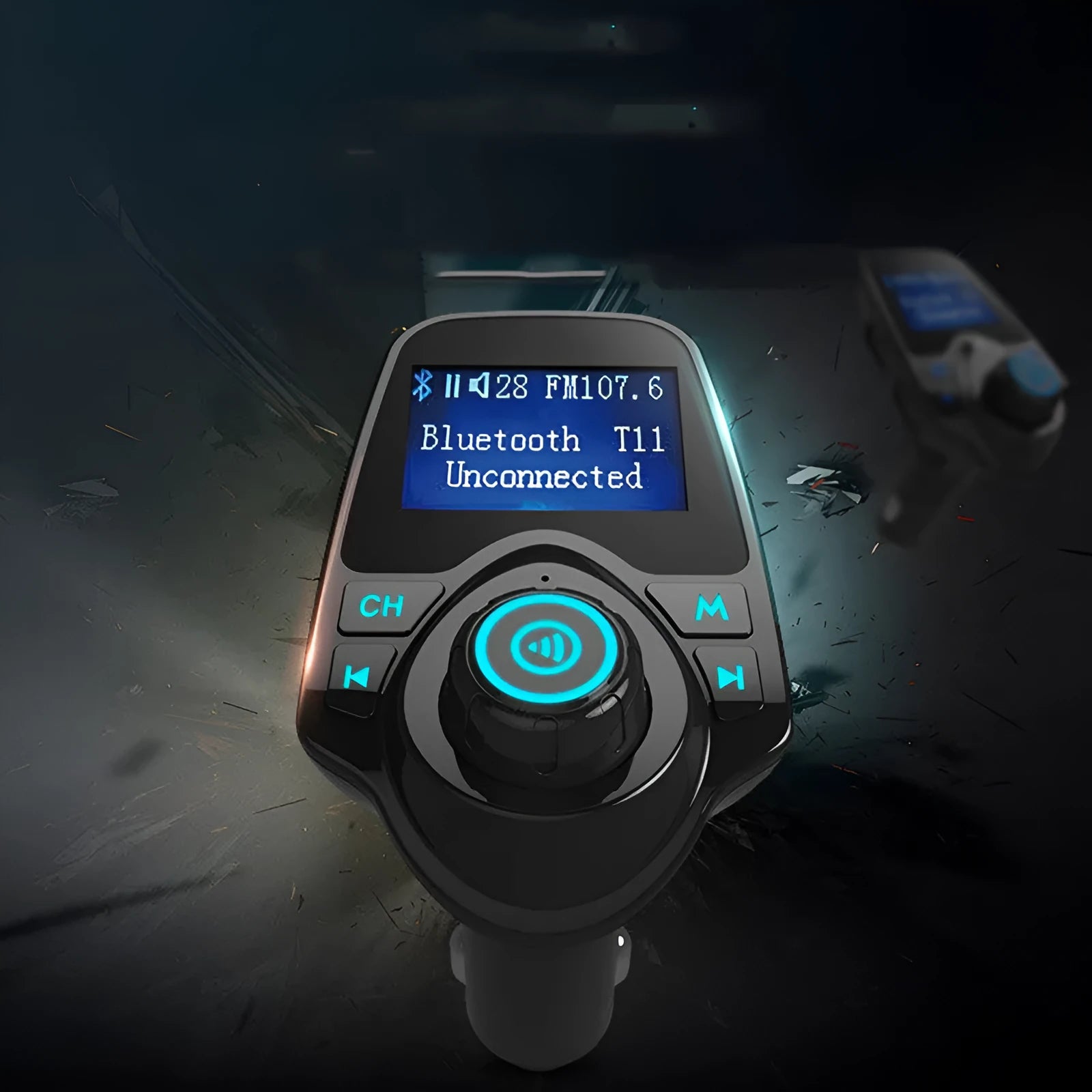 Black car Bluetooth hands-free FM transmitter with USB port and TF card slot for music playback