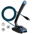 G33 USB gaming microphone in blue with omnidirectional capsule and mute button on desk