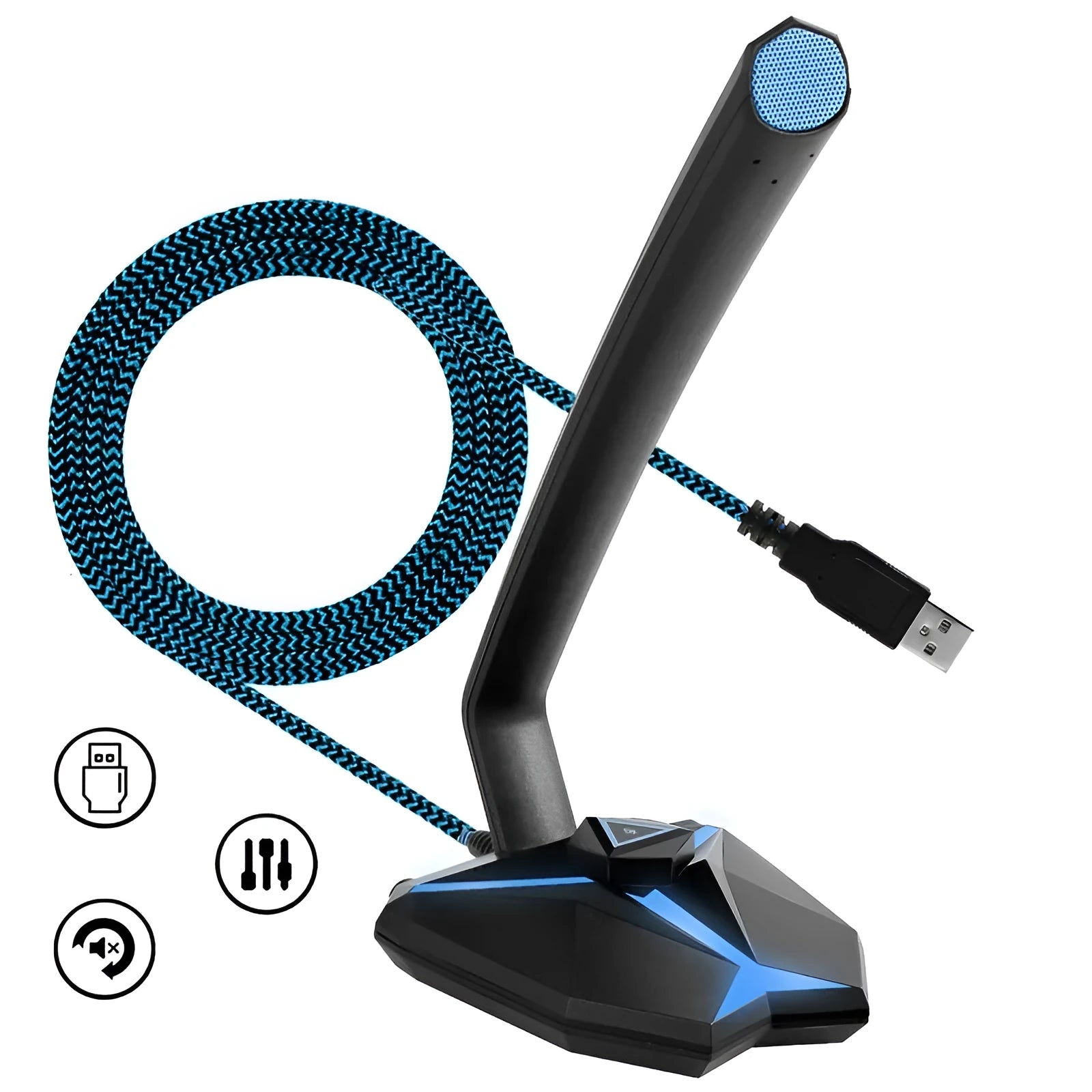 G33 USB gaming microphone in blue with omnidirectional capsule and mute button on desk