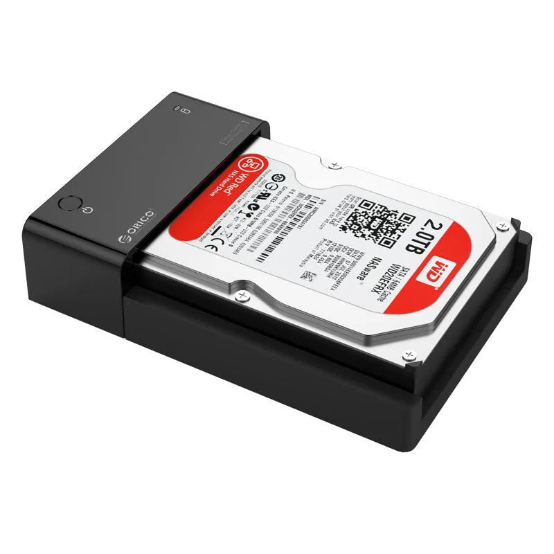 Black plastic universal hard disk enclosure for 2.5-inch and 3.5-inch SATA drives with data cable.