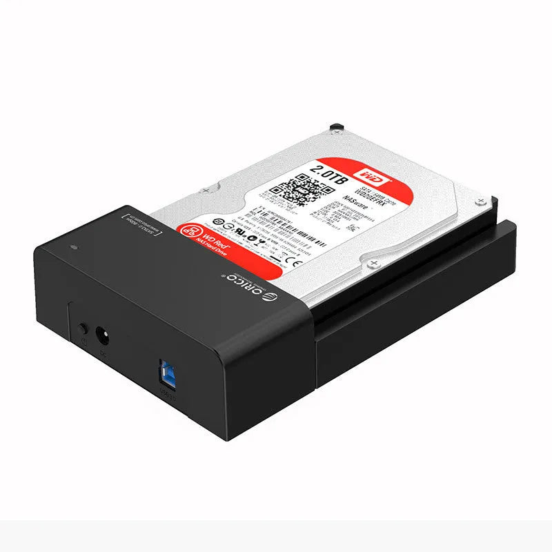 Black plastic universal hard disk enclosure for 2.5-inch and 3.5-inch SATA drives with data cable.