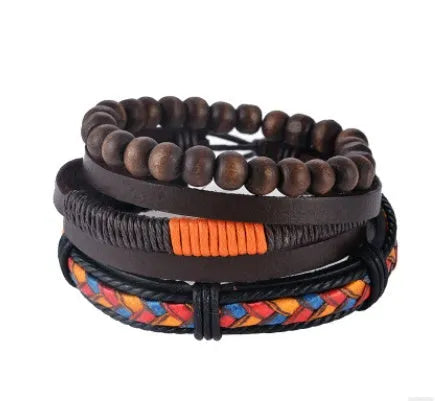 Handmade adjustable leather bracelet with wooden beads and woven design