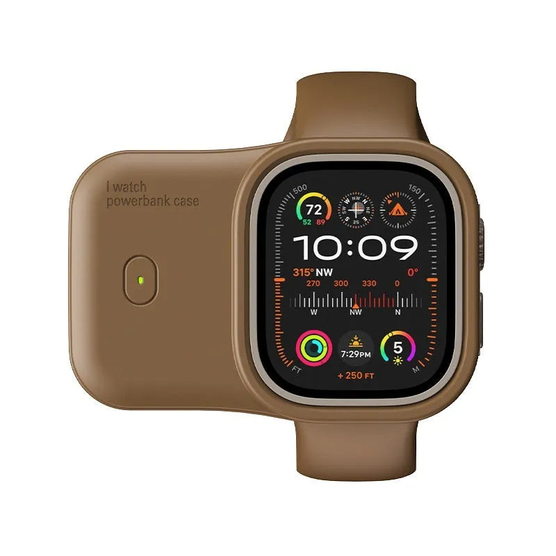 Apple Watch portable charging case with silicone cover in brown, midnight blue or starlight colours