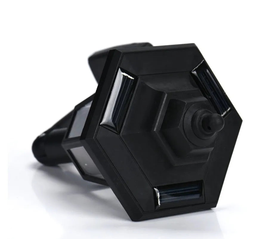 Black hexagonal solar wall light for outdoor mounting with automatic light sensor